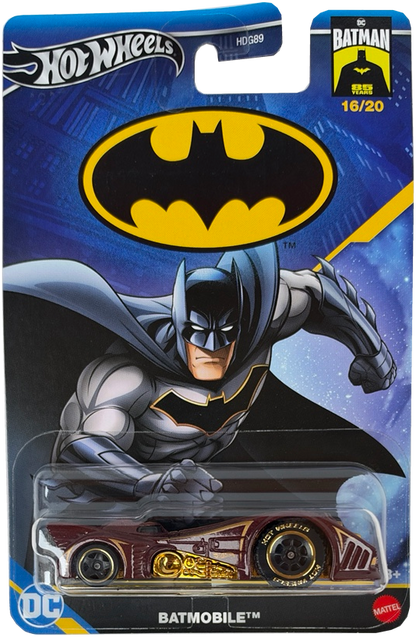 Hot Wheels Batman Batmobile toy car in its original blister card packaging, featuring Batman artwork and the Hot Wheels and Batman logos.