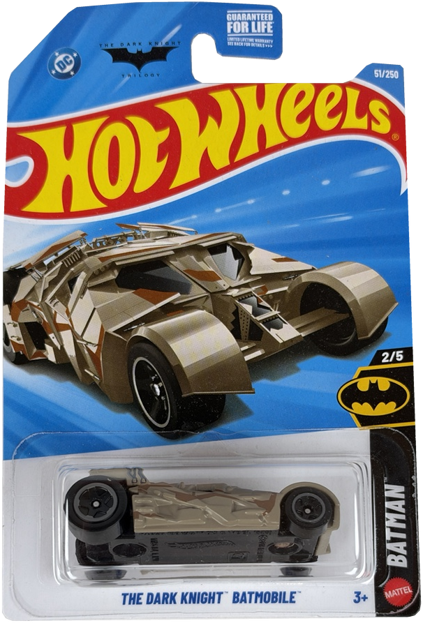 2026 Hot Wheels The Dark Knight Batmobile, Batman 2/5, 51/250 in blister pack on a classic blue, red and yellow Hot Wheels branded card.