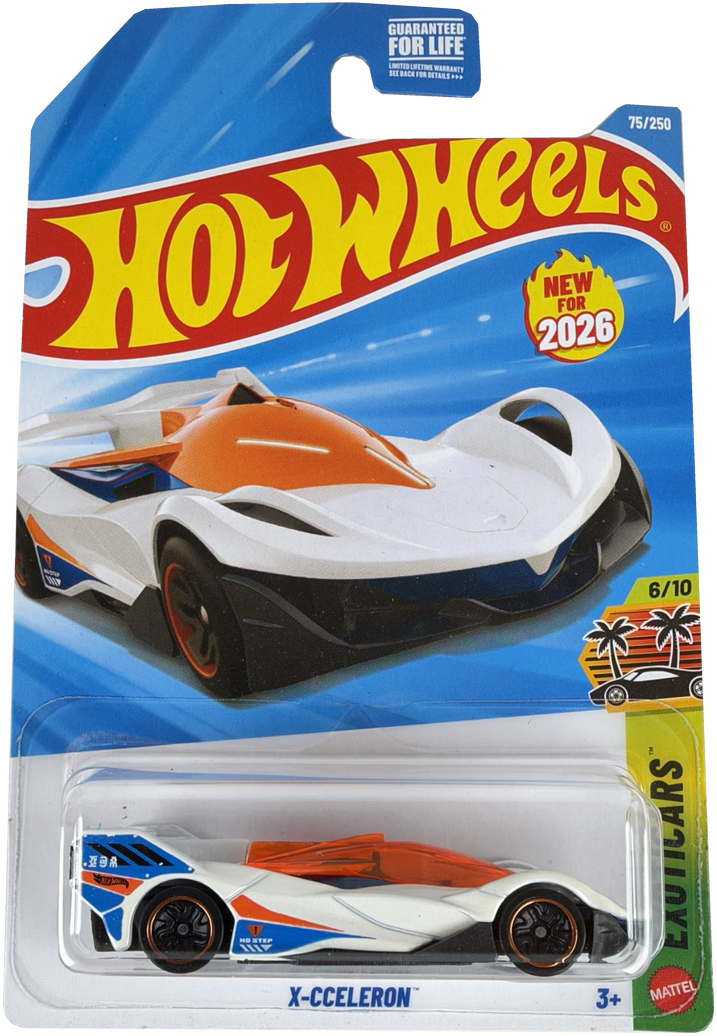 2026 Hot Wheels X-cceleron, Exotics 6/10, 75/260 in clear blister pack on Hot Wheels branded hanger card.