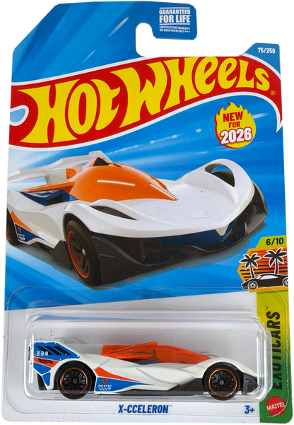 2026 Hot Wheels X-cceleron, Exotics 6/10, 75/260 in clear blister pack on Hot Wheels branded hanger card.
