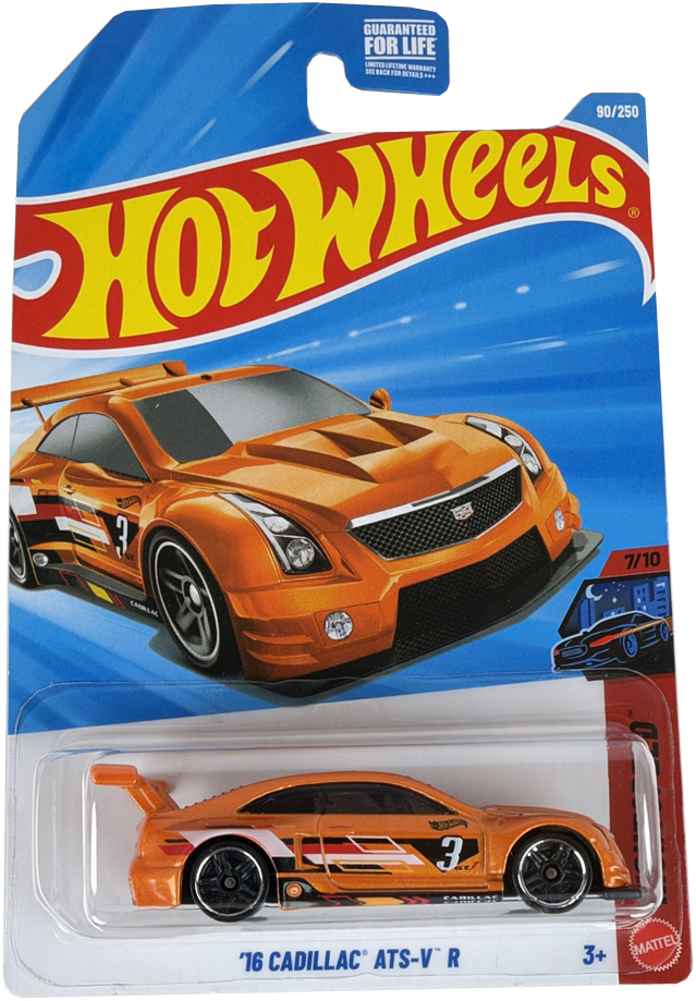Hot Wheels '16 Cadillac ATS-V R [Orange], Nightspeed 7/10, 90/250 in clear blister pack on blue, red, and yellow Hot Wheels branded card.