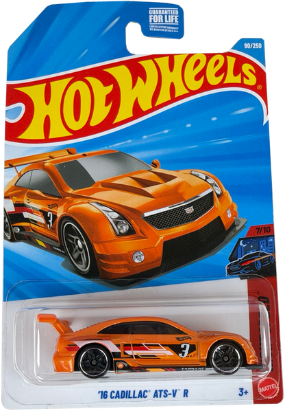 Hot Wheels '16 Cadillac ATS-V R [Orange], Nightspeed 7/10, 90/250 in clear blister pack on blue, red, and yellow Hot Wheels branded card.