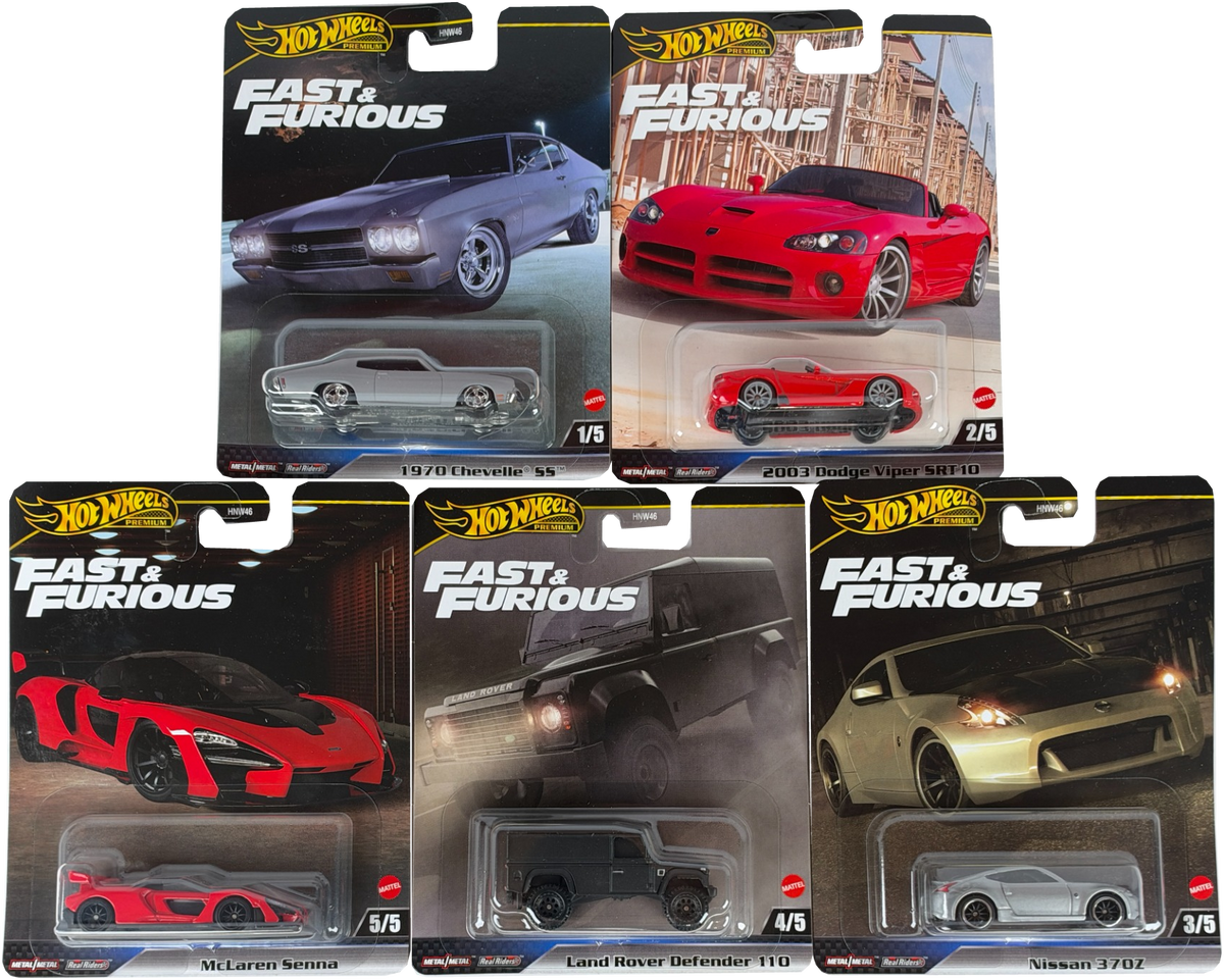 Five Hot Wheels Fast & Furious collectible diecast toy cars in their original blister packaging, complete set of 5 featuring the 1970 Chevelle SS, Dodge Viper SRT-10, McLaren Senna, Land Rover Defender 110, and a Nissan 370z.