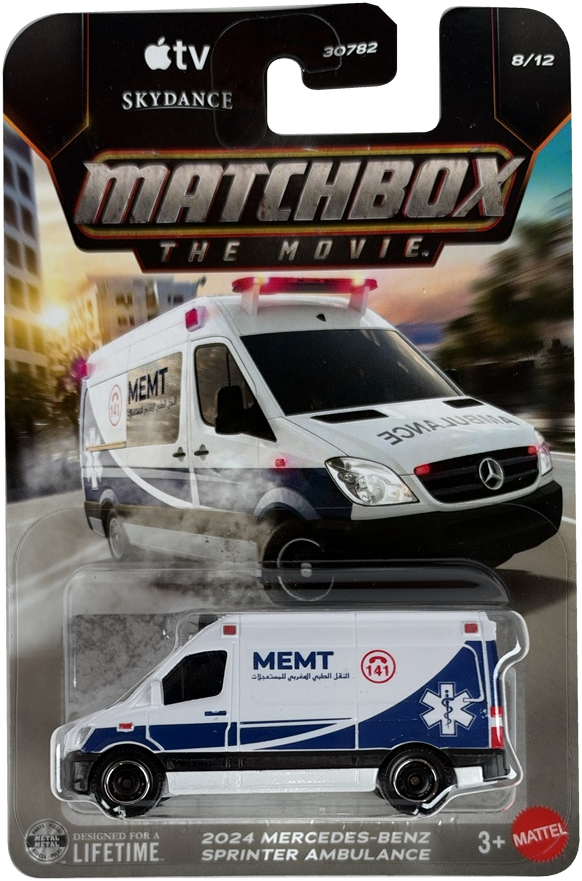 Matchbox The Movie 2024 Mercedes-Benz Sprinter Ambulance toy car in its original blister packaging, featuring a white ambulance with blue and red markings.