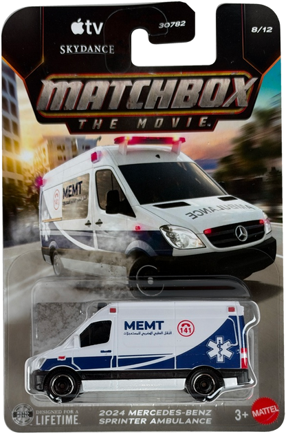 Matchbox The Movie 2024 Mercedes-Benz Sprinter Ambulance toy car in its original blister packaging, featuring a white ambulance with blue and red markings.