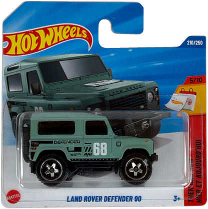 Hot Wheels Land Rover Defender 90 toy car in its original blister card packaging, featuring a mint green diecast model with black wheels and white racing-style decals.