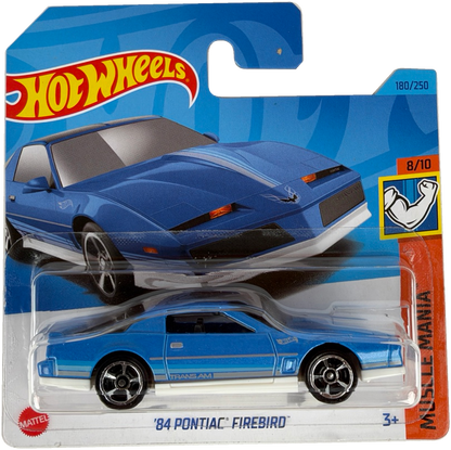 Hot Wheels Muscle Mania '84 Pontiac Firebird die-cast toy car in its original blister packaging, featuring a blue car with white racing stripes.