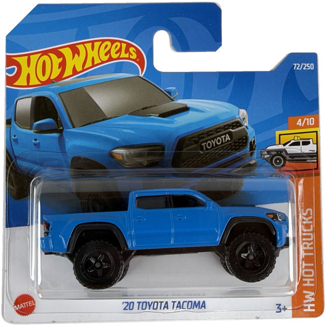 Hot Wheels die-cast toy truck of a 2020 Toyota Tacoma in blue, packaged on its original card. The packaging features the Hot Wheels logo and a picture of the real truck.