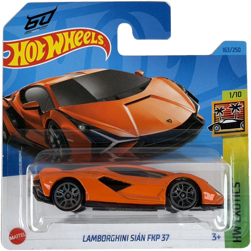 Hot Wheels Lamborghini Siân FKP 37 die-cast toy car in its original blister packaging, featuring an orange and black design on a blue and green card.