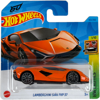 Hot Wheels Lamborghini Siân FKP 37 die-cast toy car in its original blister packaging, featuring an orange and black design on a blue and green card.