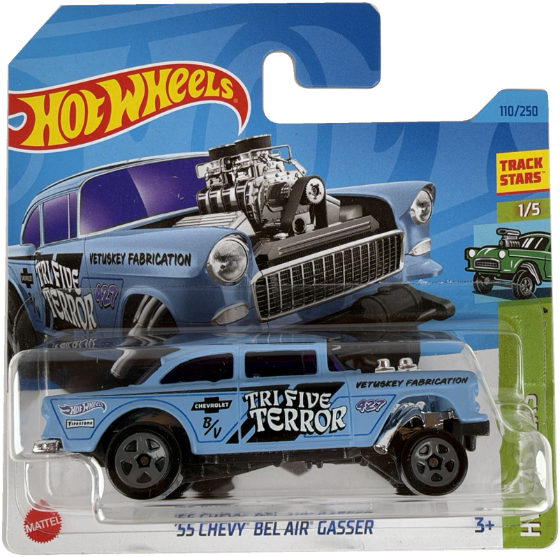 Hot Wheels die-cast toy car in its original blister packaging, featuring the '55 Chevy Bel Air Gasser with 'Tri Five Terror' decals. The blue toy car is shown in front of its printed blue and white card backing, which includes the Hot Wheels logo and track information.