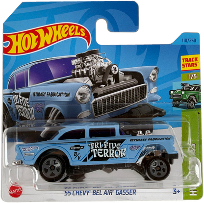 Hot Wheels die-cast toy car in its original blister packaging, featuring the '55 Chevy Bel Air Gasser with 'Tri Five Terror' decals. The blue toy car is shown in front of its printed blue and white card backing, which includes the Hot Wheels logo and track information.