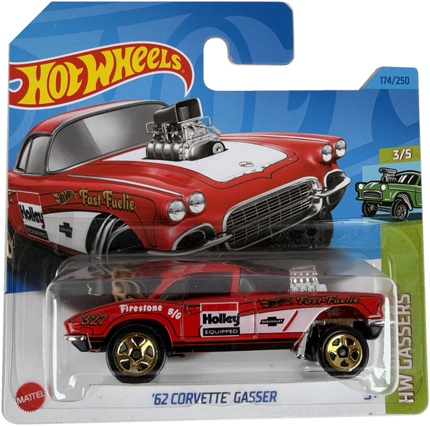 Hot Wheels '62 Corvette Gasser die-cast toy car in its original blister card packaging, featuring a red and white car with a raised engine and sponsor decals.