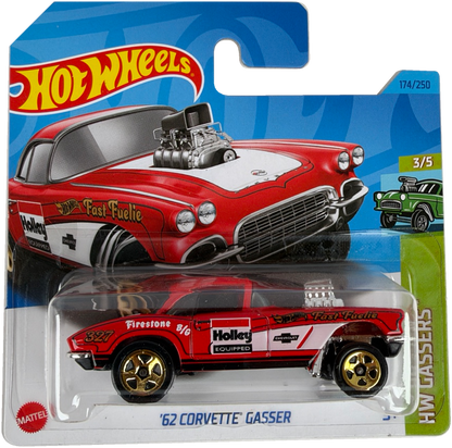Hot Wheels '62 Corvette Gasser die-cast toy car in its original blister card packaging, featuring a red and white car with a raised engine and sponsor decals.