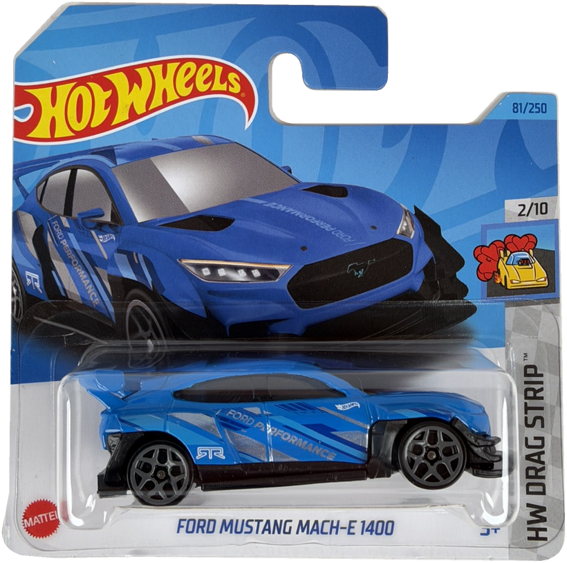 Hot Wheels Mattel Ford Mustang Mach-E 1400 die-cast toy car in its original blister packaging, featuring a blue and black livery with 'FORD Performance' decals.