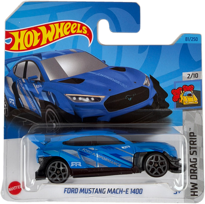 Hot Wheels Mattel Ford Mustang Mach-E 1400 die-cast toy car in its original blister packaging, featuring a blue and black livery with 'FORD Performance' decals.