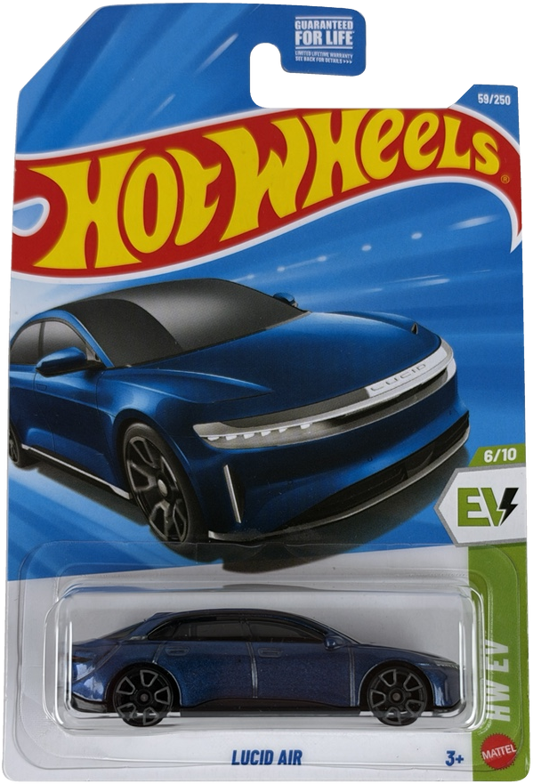 Hot Wheels Lucid Air diecast toy car in its original blister packaging, featuring a metallic blue car with a black roof and wheels, on a blue and yellow card.