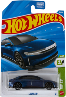 Hot Wheels Lucid Air diecast toy car in its original blister packaging, featuring a metallic blue car with a black roof and wheels, on a blue and yellow card.
