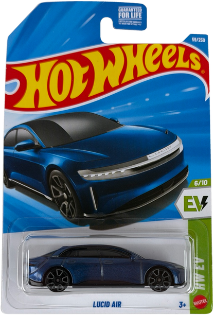 Hot Wheels Lucid Air diecast toy car in its original blister packaging, featuring a metallic blue car with a black roof and wheels, on a blue and yellow card.