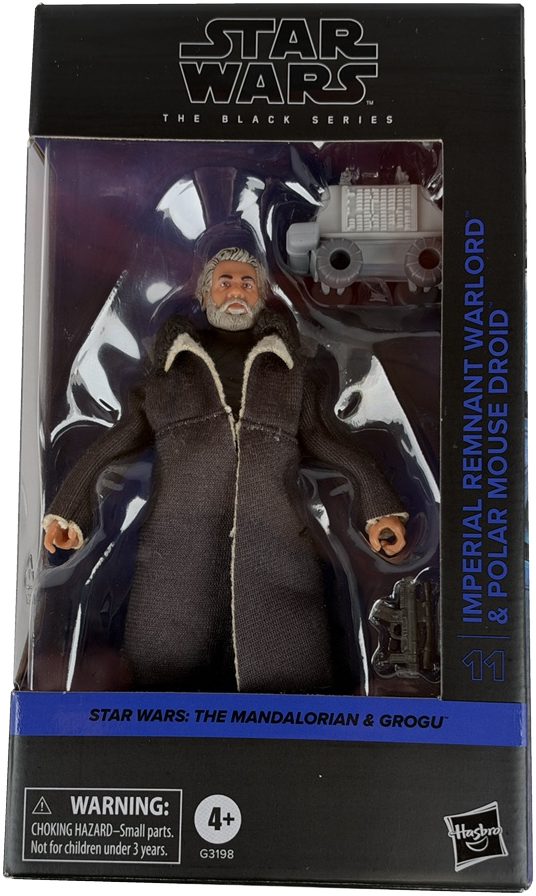 Star Wars The Black Series 11 Imperial Remnant Warlord & Polar Mouse Droid action figure in its original window box packaging, featuring a dark brown coat with white trim.
