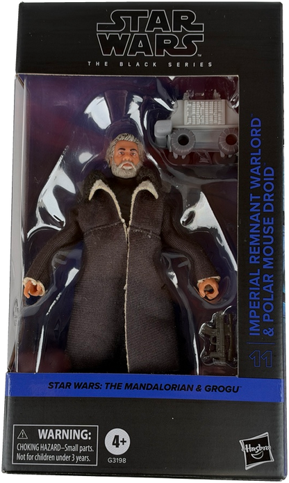 Star Wars The Black Series 11 Imperial Remnant Warlord & Polar Mouse Droid action figure in its original window box packaging, featuring a dark brown coat with white trim.