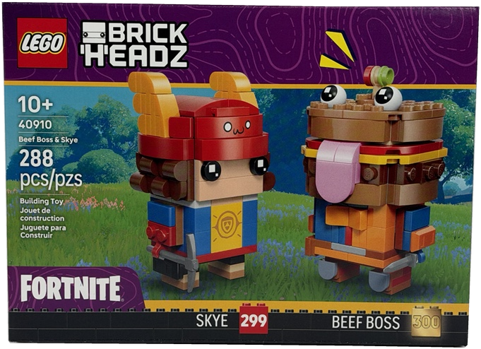 LEGO Brick Headz Fortnite Skye and Beef Boss building toy set in its original retail packaging, featuring two blocky toy figures on a purple and green illustrated box front.