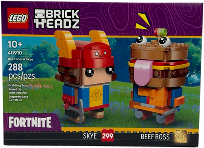 LEGO Brick Headz Fortnite Skye and Beef Boss building toy set in its original retail packaging, featuring two blocky toy figures on a purple and green illustrated box front.