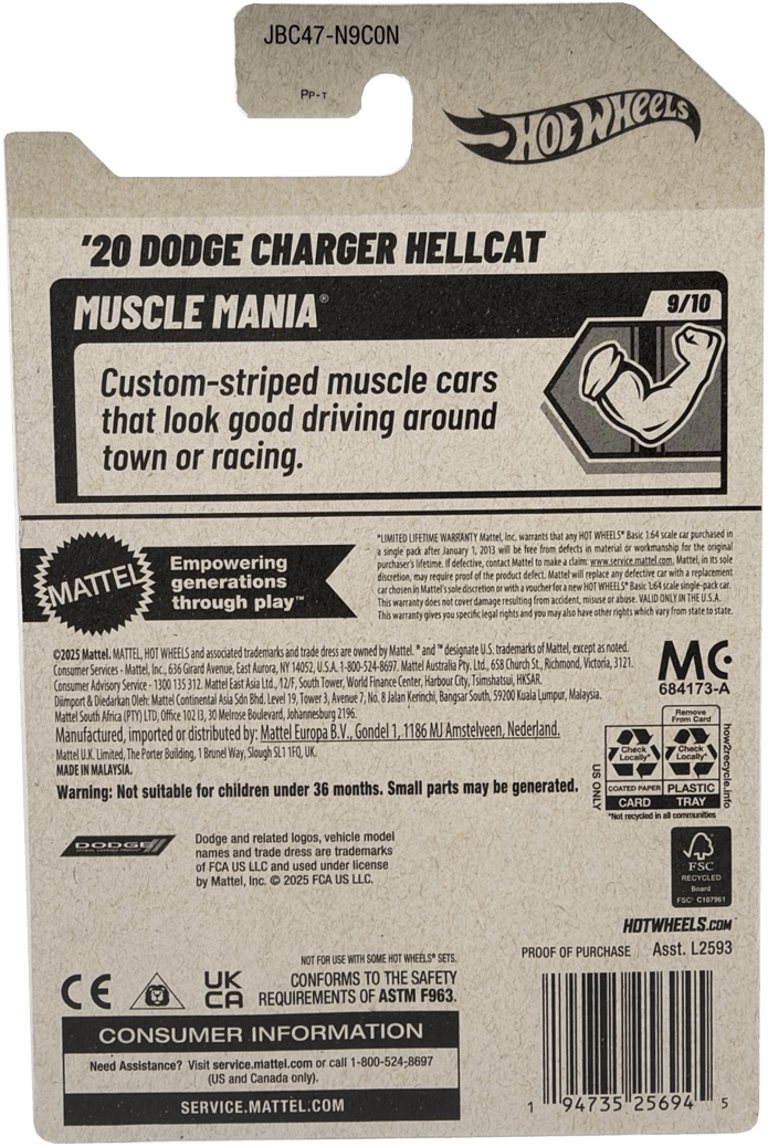 Hot Wheels '20 Dodge Charger Hellcat Super Treasure Hunt, Muscle Mania 9/10, 240/250 - Westside Toys