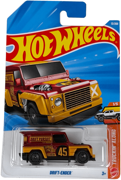 Hot Wheels Drift-Ender toy car in its original blister card packaging, featuring a red and yellow vehicle with 'Drift Pursuit' and the number 45 on the side.