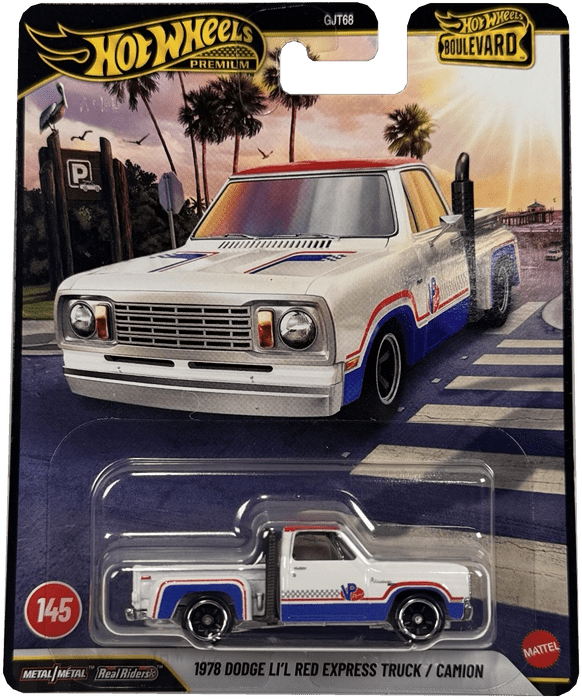 Hot Wheels Premium 2025diecast model car, the 1978 Dodge LI'l Red Express Truck. The collectible truck is white with red and blue racing stripes, mounted on its original blister card packaging featuring a retro-style illustration of the truck on a palm tree street.