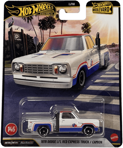 Hot Wheels Premium 2025diecast model car, the 1978 Dodge LI'l Red Express Truck. The collectible truck is white with red and blue racing stripes, mounted on its original blister card packaging featuring a retro-style illustration of the truck on a palm tree street.