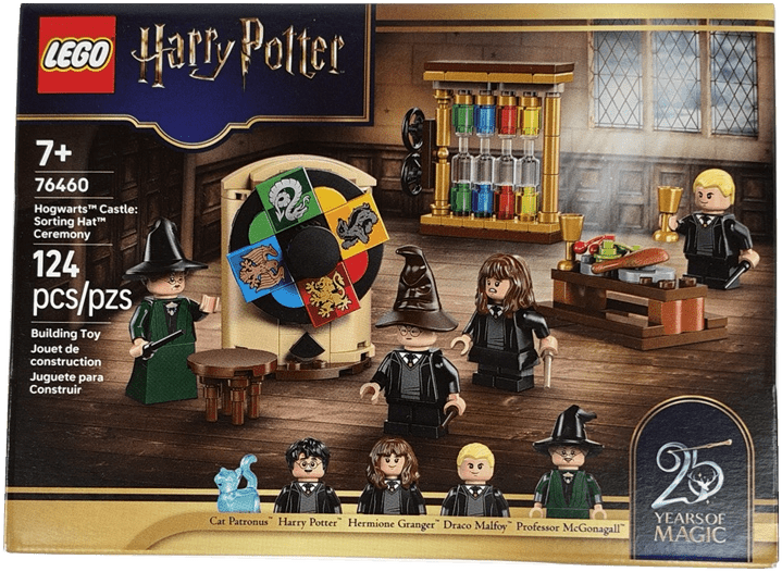 LEGO Harry Potter Hogwarts Castle Sorting Hat Ceremony building toy box, set number 76460, featuring minifigures of Harry Potter, Hermione Granger, Draco Malfoy, and Professor McGonigal, along with a sorting hat ceremony scene and 20 Years of Magic celebration badge.