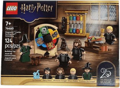 LEGO Harry Potter Hogwarts Castle Sorting Hat Ceremony building toy box, set number 76460, featuring minifigures of Harry Potter, Hermione Granger, Draco Malfoy, and Professor McGonigal, along with a sorting hat ceremony scene and 20 Years of Magic celebration badge.