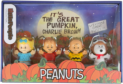 Peanuts Halloween collectible figure set in a retail box, featuring Charlie Brown, Lucy, Linus, and Snoopy with pumpkins and a moon background.