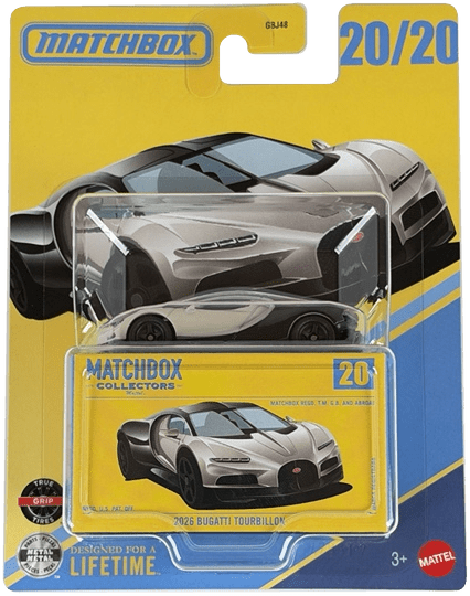 Matchbox Collectors 2026 Bugatti Tourbillon diecast toy car in its original blister card packaging, featuring a silver and black sports car with a yellow and blue background.