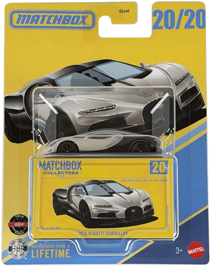 Matchbox Collectors 2026 Bugatti Tourbillon diecast toy car in its original blister card packaging, featuring a silver and black sports car with a yellow and blue background.