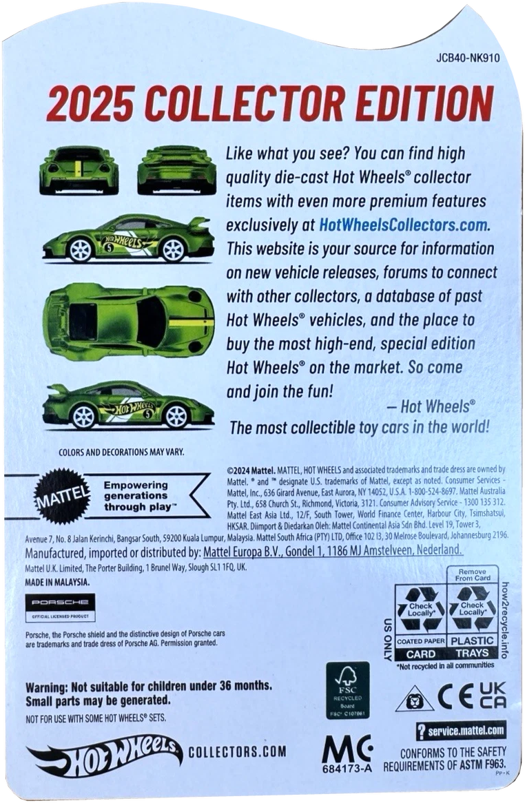 2025 Hot Wheels Porsche 911 GT3 Spectraflame Green Collector Edition
